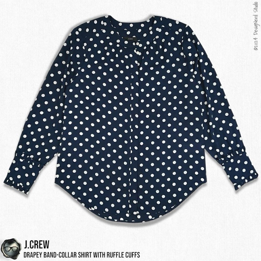J.CREW DRAPEY RUFFLE CUFF BAND-COLLAR SHIRT IN NAVY WITH WHITE POLKA DOTS SMALL